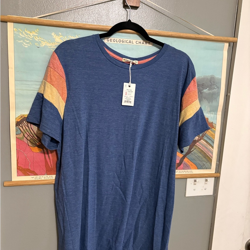 SoftBlend Blue Short Sleeve Tee with Sunset Stripe Sleeves - Unknown Brand